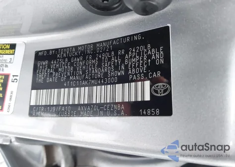 2021 Toyota Camry Le z USA, uszkodzony, nr VIN 4T1C11AK7MU443000